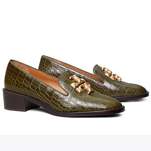 NIB Tory Burch Eleanor Heeled Loafer Croc Embossed Leather Leccio Green US7.5 - Picture 1 of 13